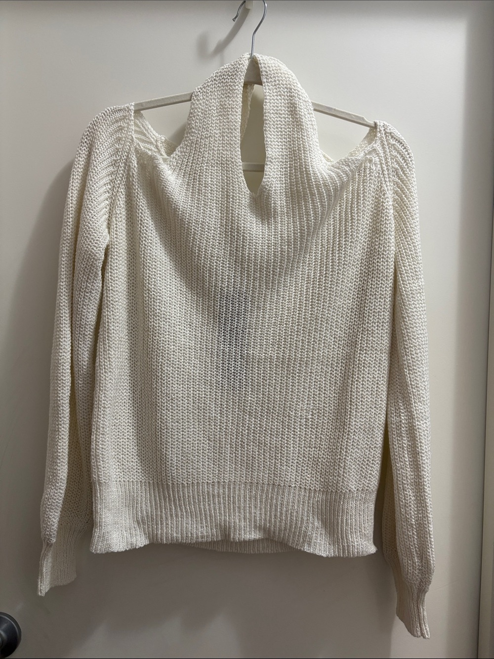 Mango Cream Cold-Shoulder Turtleneck Sweater